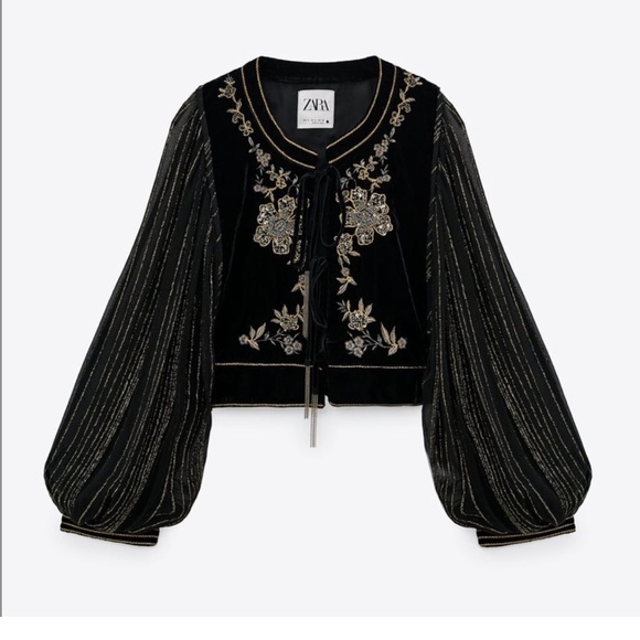 ZARA NWOT Black Velvet & Metallic Gold Floral Embroidered Beaded Cropped Jacket - Picture 3 of 17